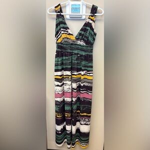PEGGY Printed stripped Smocked waistline stretchy maxi Dress women's size Medium